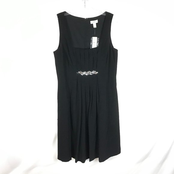 NWT Womens Size 14 Ann Taylor LOFT Black Embellished Pleat Detail Midi Dress - Picture 1 of 4